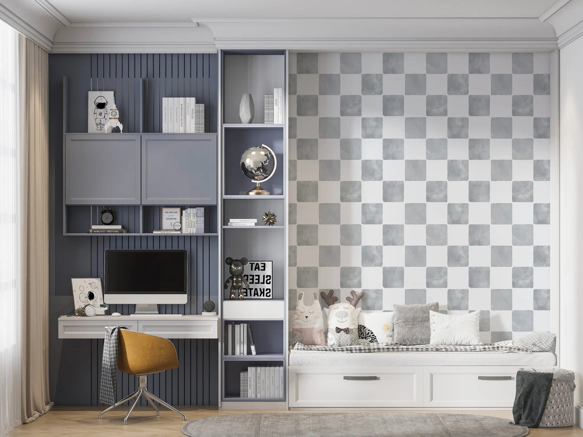 MUNKS & ME - Papier Peint Chambre Enfant à Motif Répété - À Carreaux Billys | Bleu