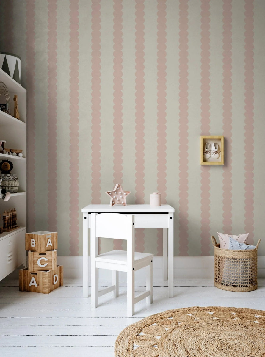 MUNKS & ME - Papier Peint Panoramique Pour Enfants - À Rayures Festonnées Rose