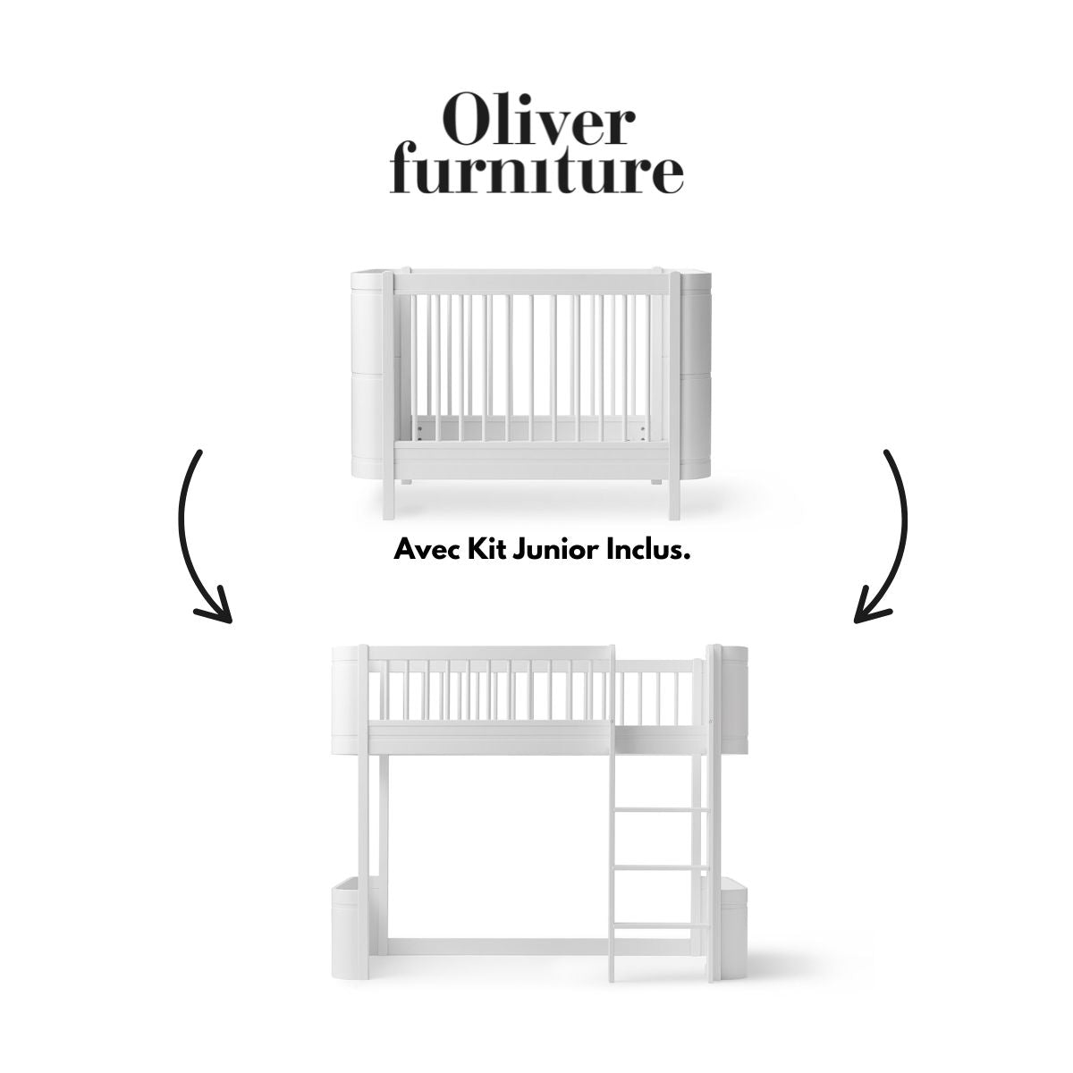 OLIVER FURNITURE - 041454 - Kit De Conversion - Lit Bébé Évolutif Mini+, Avec Kit Junior Inclus - En Lit Mezzanine Mi - haut, Blanc