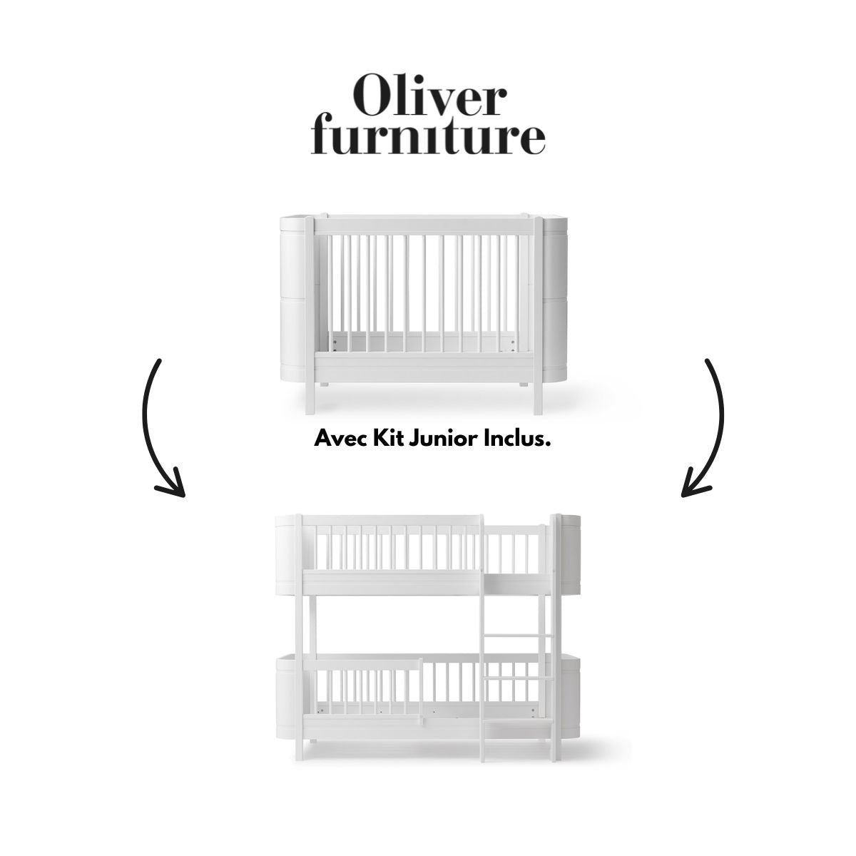 OLIVER FURNITURE - 041482 - Kit De Conversion - Lit Bébé Évolutif Mini+, Avec Kit Junior Inclus - En Lit Superposé Mi - haut, Blanc