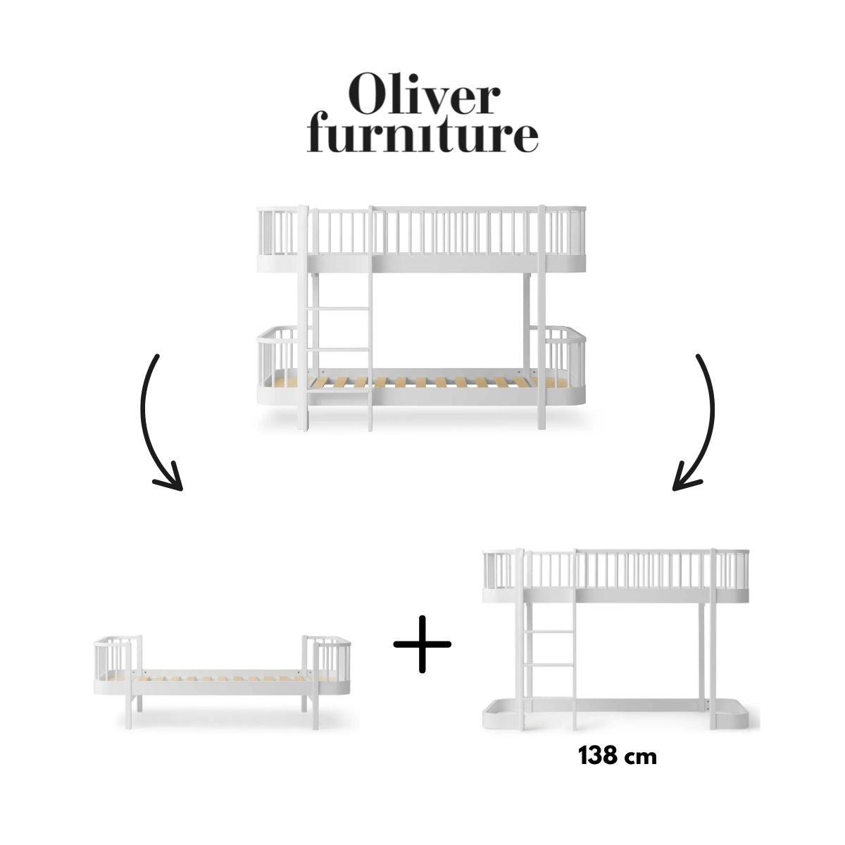 OLIVER FURNITURE - 041772 - Kit De Conversion Original, Lit Superposé Mi - haut - En 1 Lit Et 1 Lit Mezzanine Mi - haut 138 Cm, Blanc