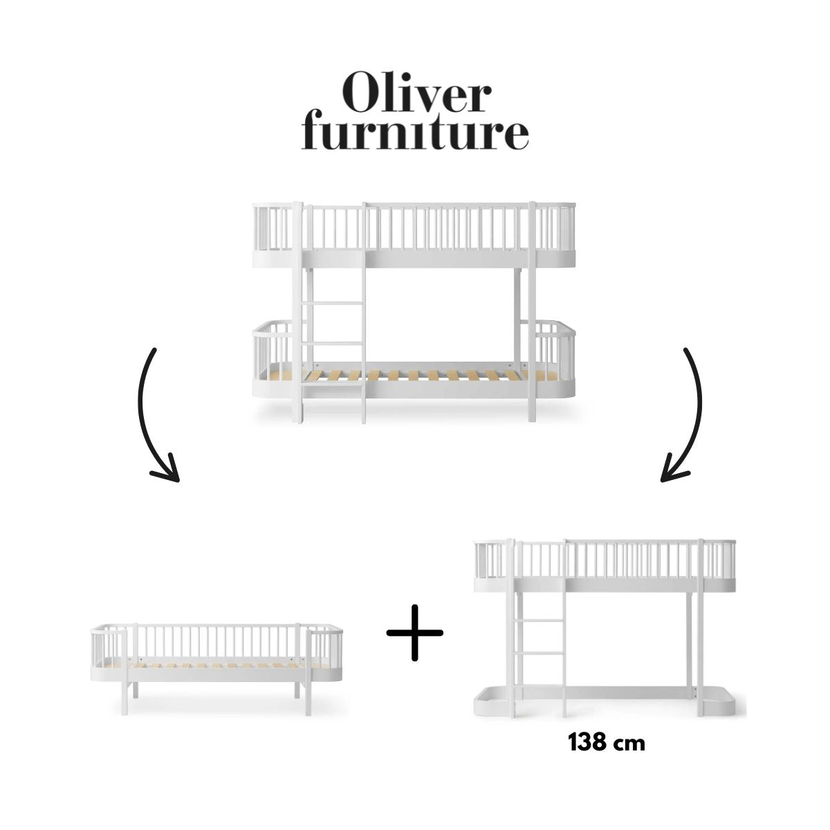 OLIVER FURNITURE - 041774 - Kit De Conversion Original, Lit Superposé Mi - haut - En 1 Lit Banquette Et 1 Lit Mezzanine Mi - haut 138 Cm, Blanc