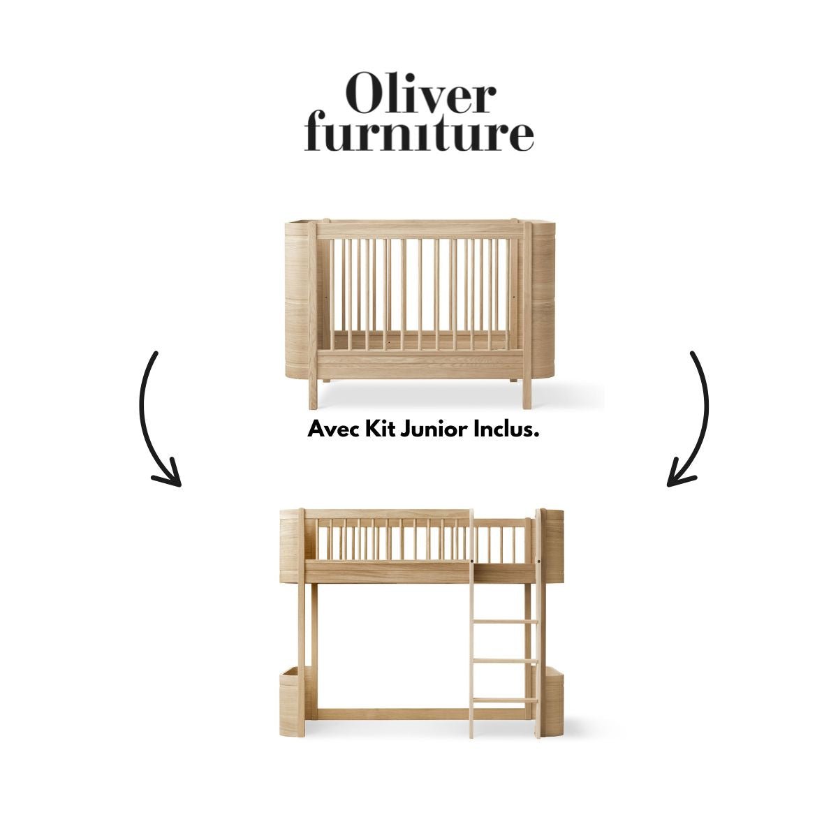 OLIVER FURNITURE - 041781 - Kit De Conversion - Lit Bébé Évolutif Mini+, Avec Kit Junior Inclus - En Lit Mezzanine Mi - haut, Chêne