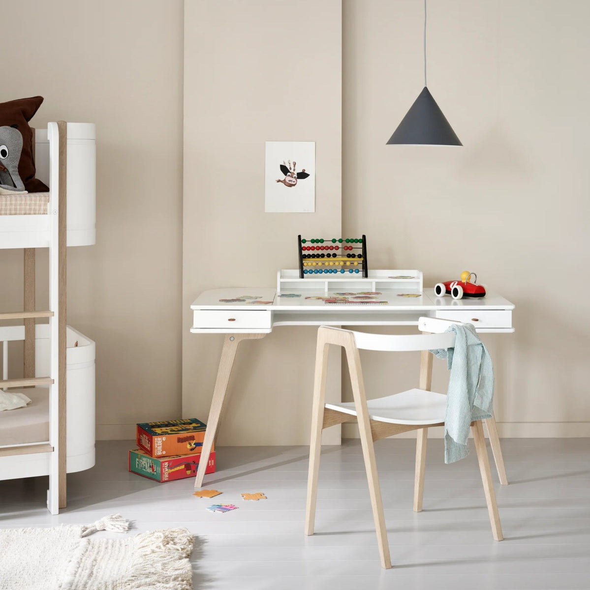 OLIVER FURNITURE - Bureau Wood 66 cm & Chaise Wood Avec Accoudoirs, L'ensemble, Blanc/Chêne
