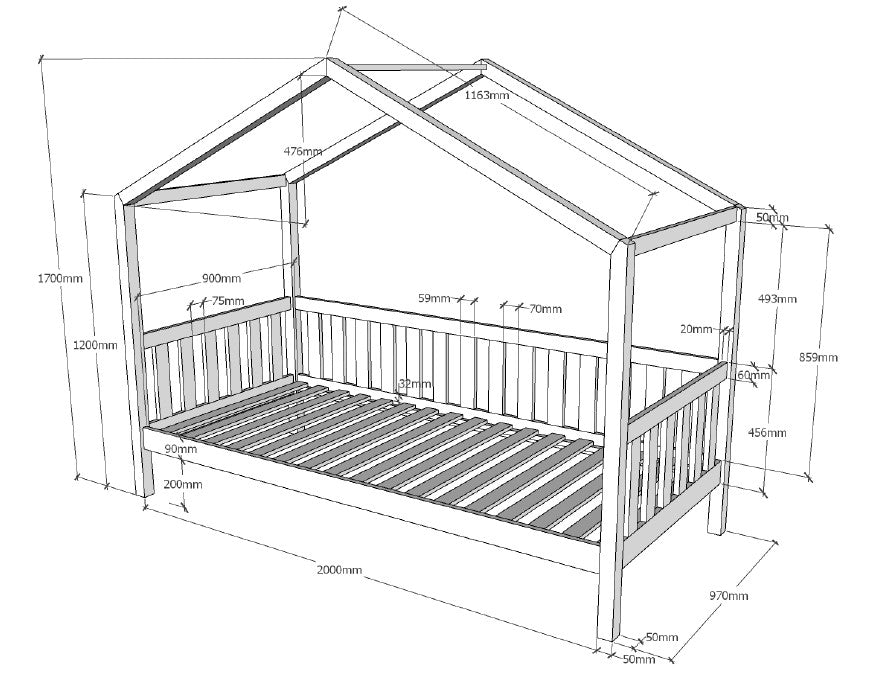 VIPACK - Lit Cabane DALLAS 90x200cm Avec Grille
