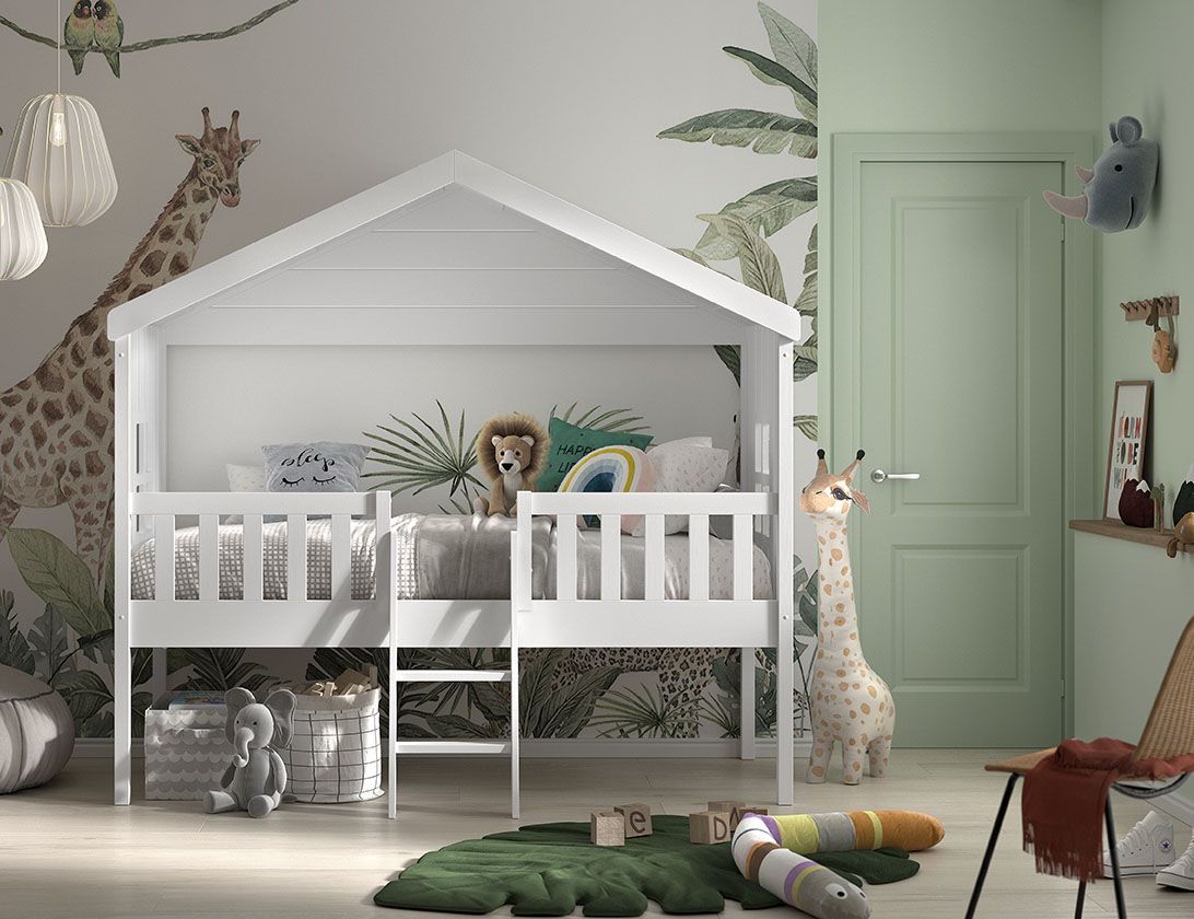 VIPACK - Lit Cabane HOUSEBED Avec Échelle 90x200cm Blanc