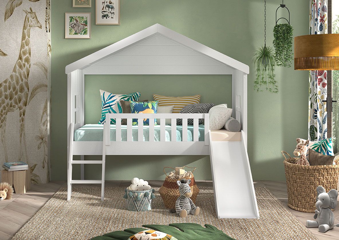VIPACK - Lit Cabane HOUSEBED Avec Toboggan 90x200cm Blanc