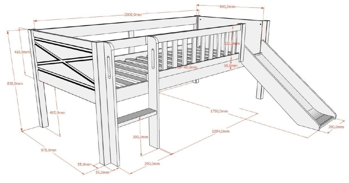 VIPACK - Lit Mezzanine Mi - Hauteur (H 85cm) SCOTT Avec Toboggan 90 X 200 cm Blanc