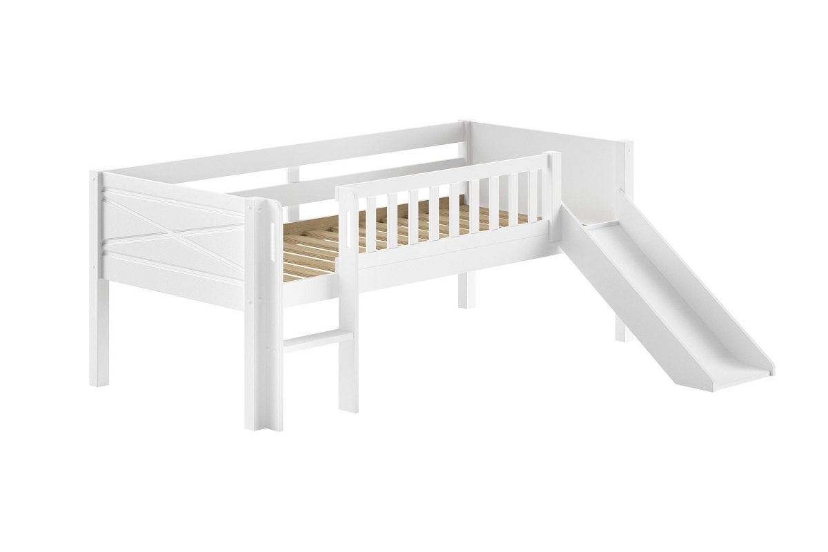 VIPACK - Lit Mezzanine Mi - Hauteur (H 85cm) SCOTT Avec Toboggan 90 X 200 cm Blanc