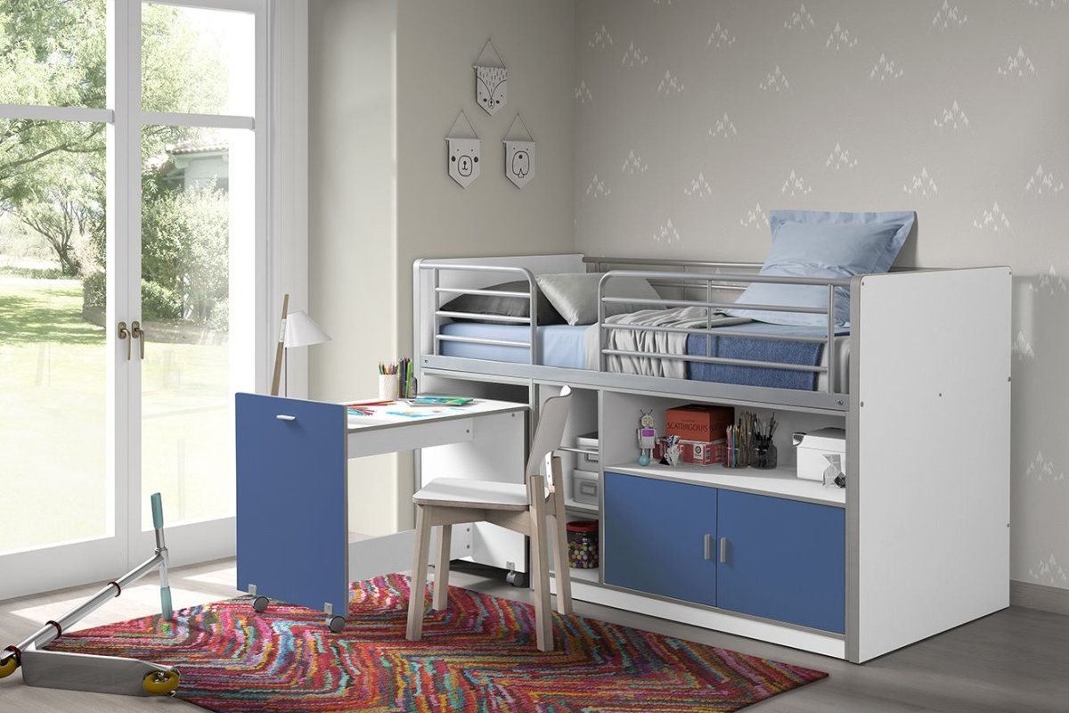 VIPACK - Lit Mi - Hauteur BONNY Avec Bureau & Rangement - Bleu 90 X 200 Cm