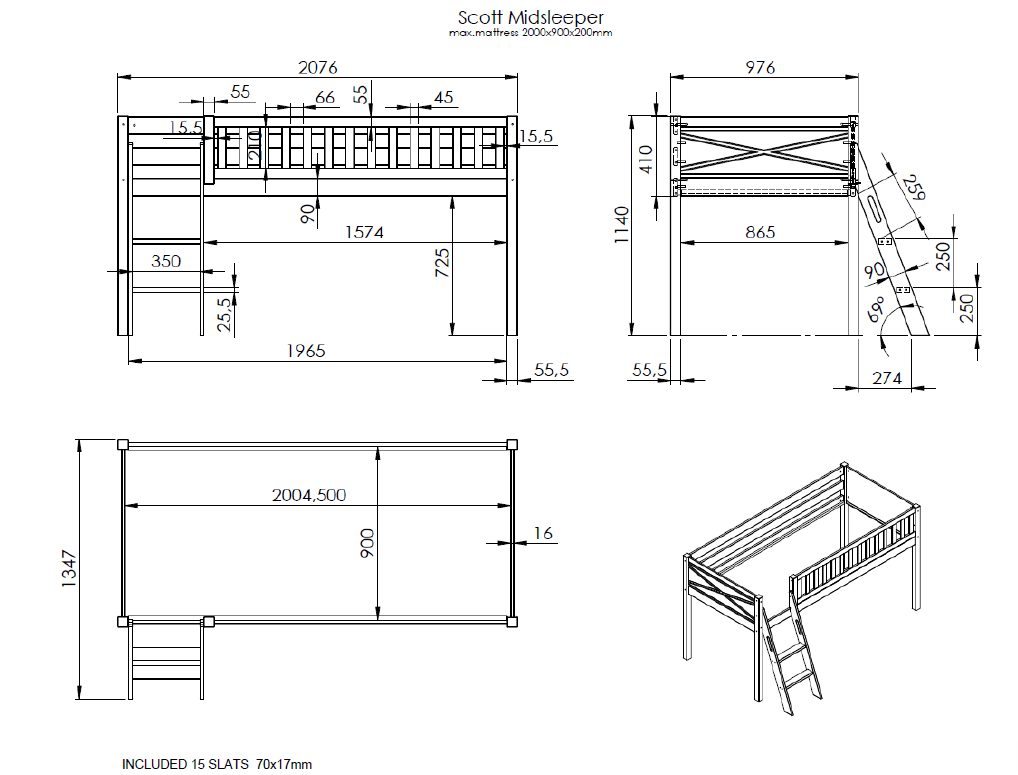 VIPACK - Lit Mezzanine Mi - Hauteur (H 115CM) SCOTT Avec Échelle 90 X 200 cm Blanc