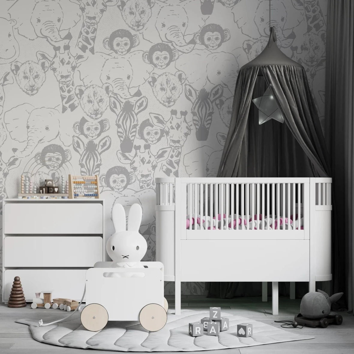 MUNKS & ME - Papier Peint Chambre Enfant à Motif Répété - Bébé Safari Animal - Gris