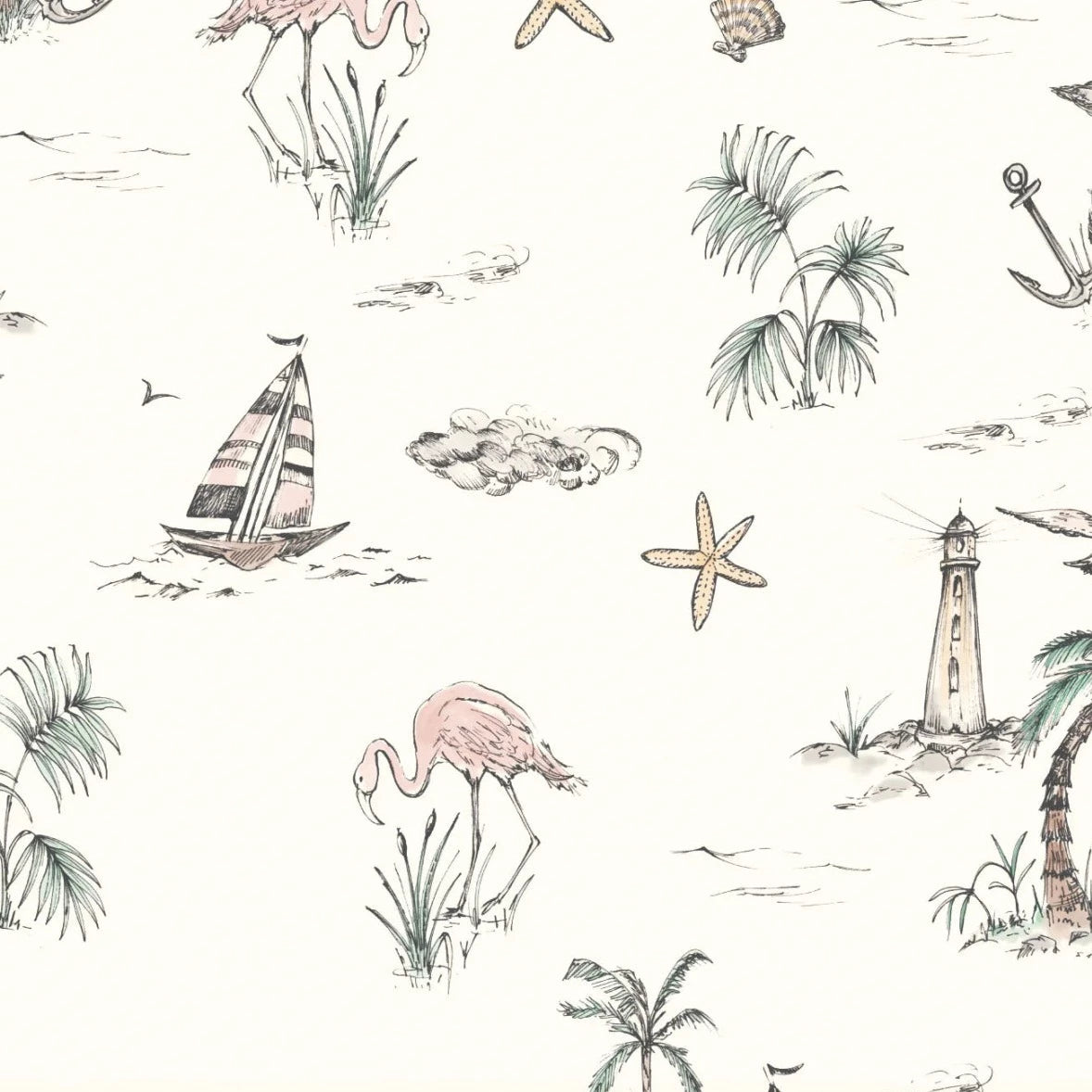 MUNKS & ME - Papier Peint Chambre Enfant à Motif Répété - Flamant Rose En Bord De Mer