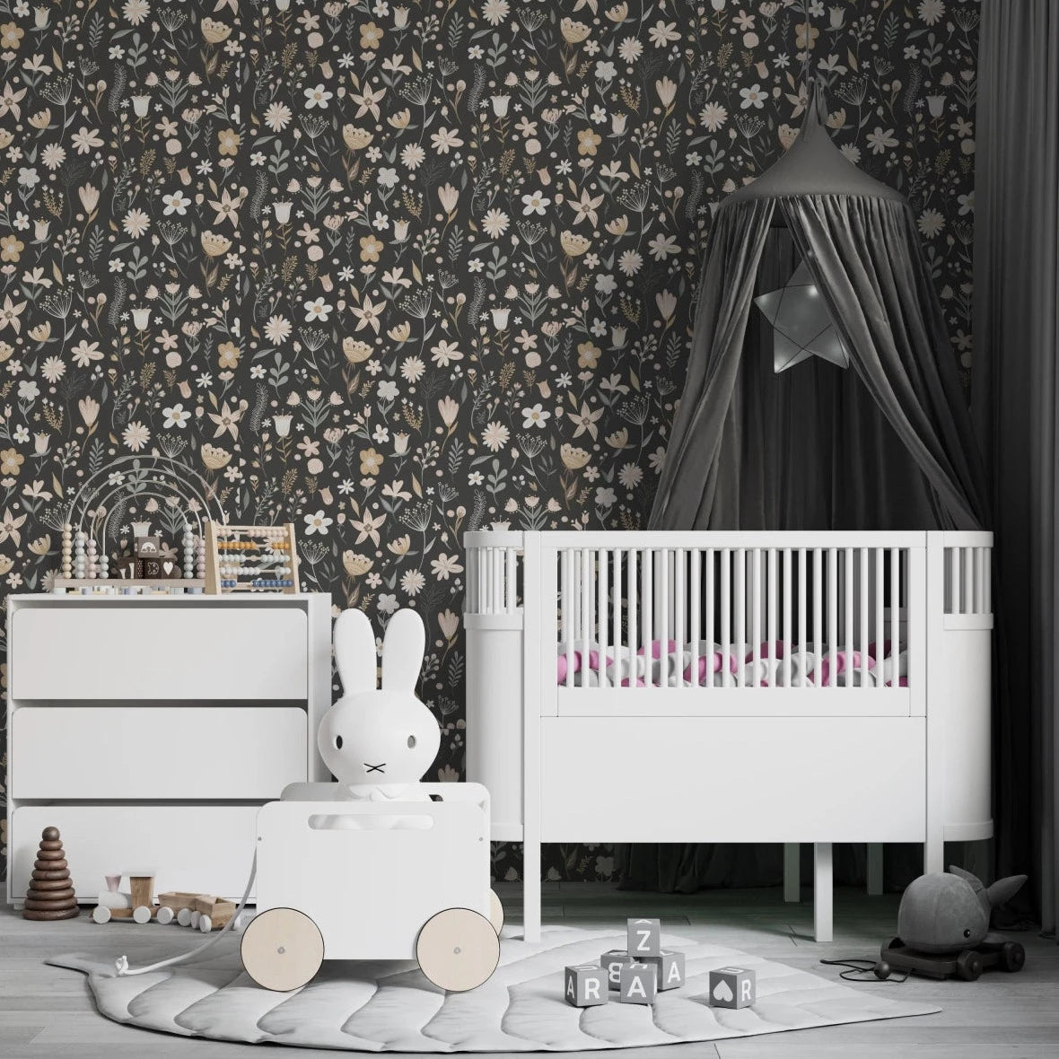 MUNKS & ME - Papier Peint Chambre Enfant à Motif Répété - Floral Millie | Charbon