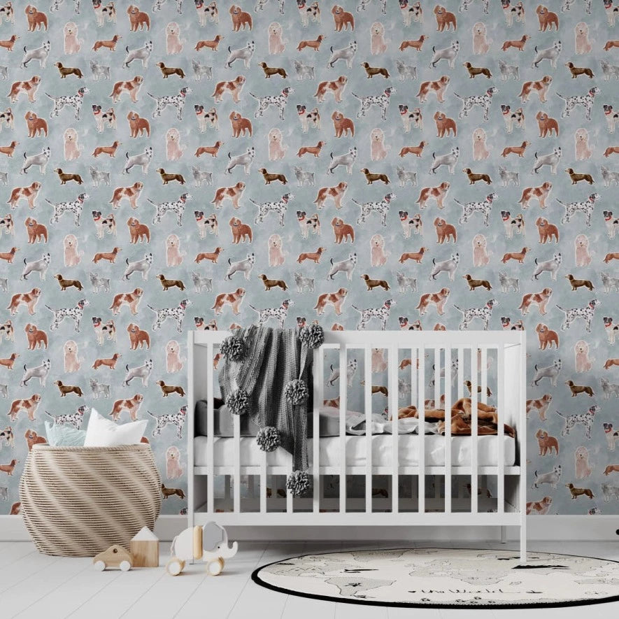 MUNKS & ME - Papier Peint Chambre Enfant à Motif Répété - Rigby Dog - Bleu