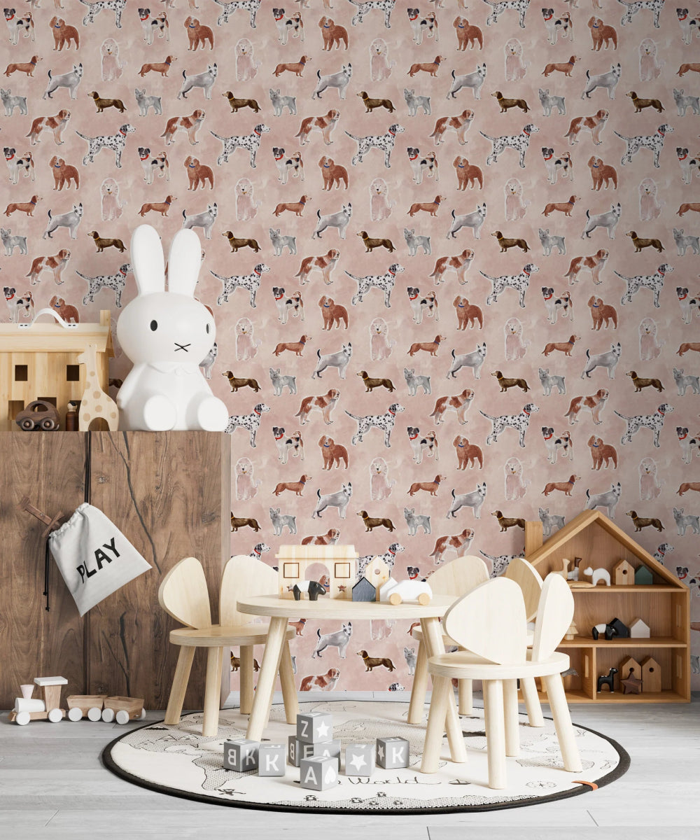MUNKS & ME - Papier Peint Chambre Enfant à Motif Répété - Rigby Dog - Rose