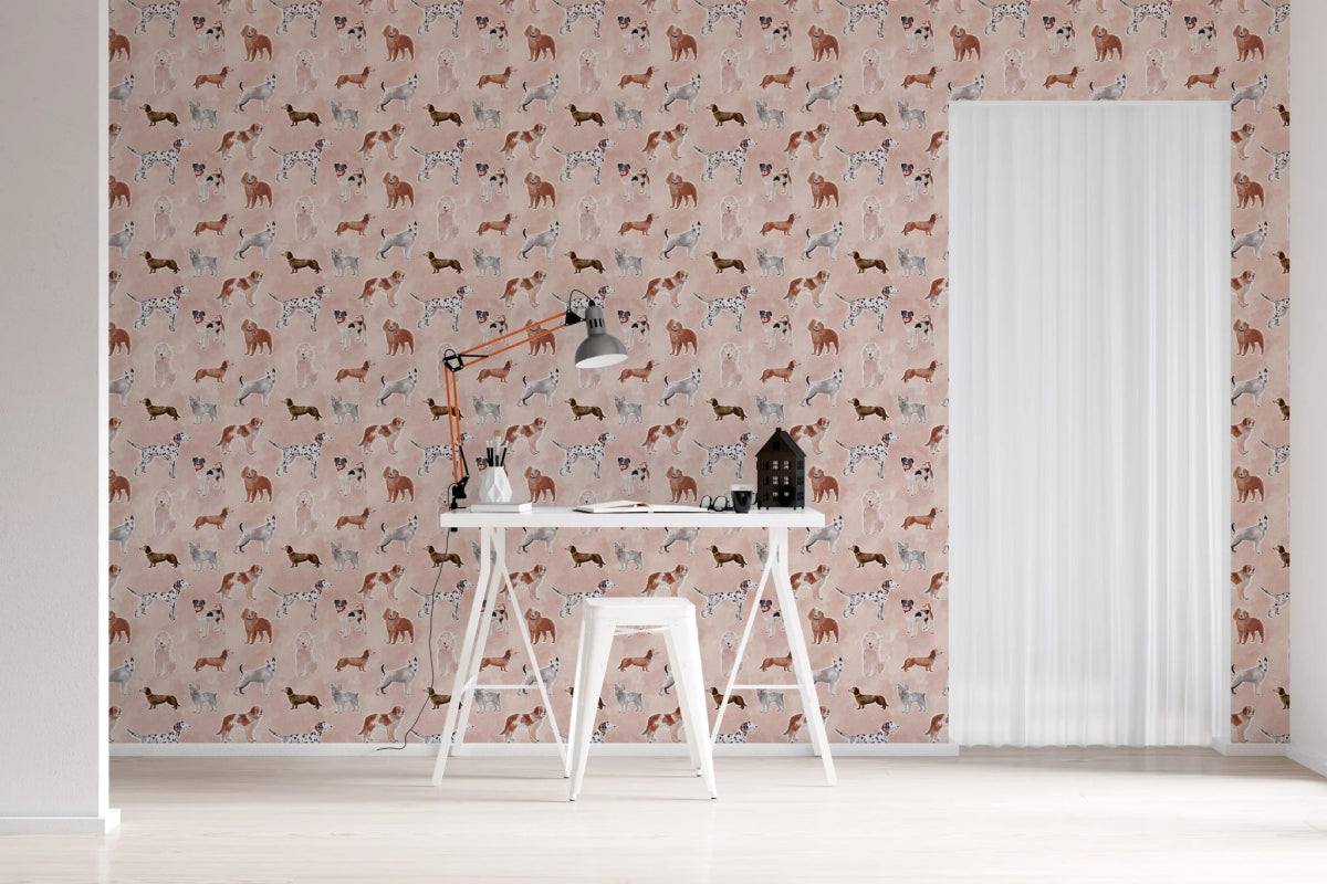 MUNKS & ME - Papier Peint Chambre Enfant à Motif Répété - Rigby Dog - Rose