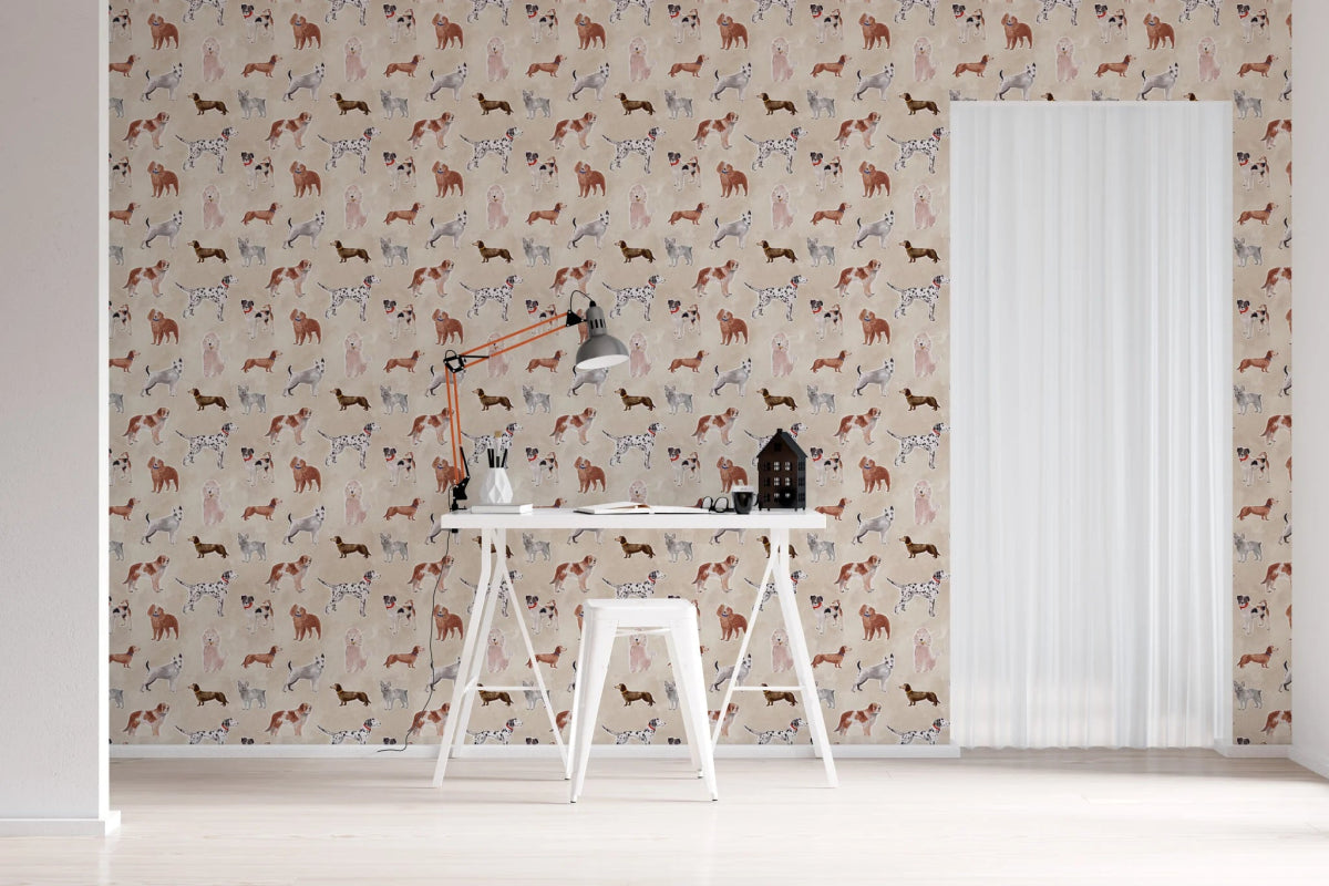 MUNKS & ME - Papier Peint Chambre Enfant à Motif Répété - Rigby Dog - Sable