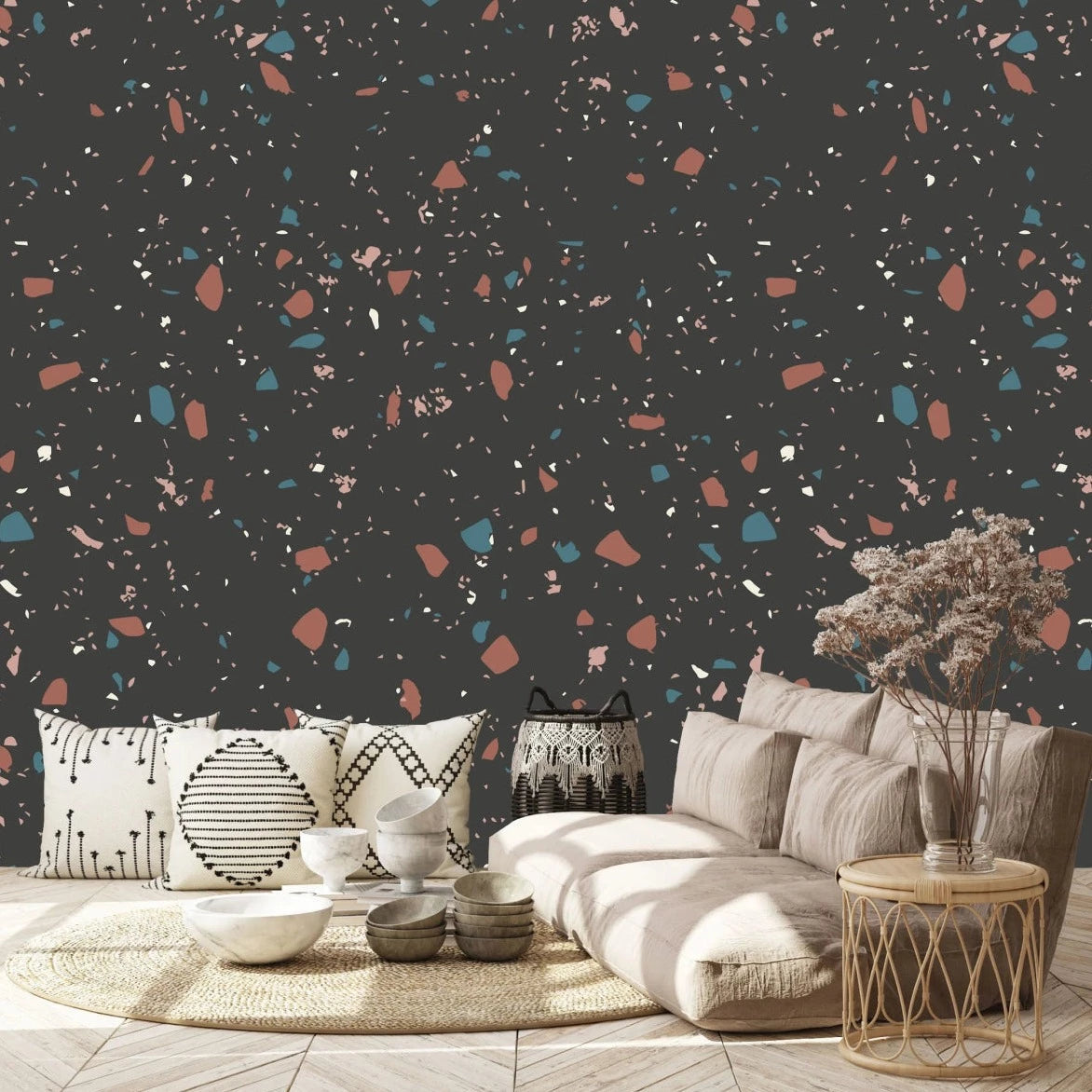 MUNKS & ME - Papier Peint Chambre Enfant à Motif Répété - Terrazzo | Charbon