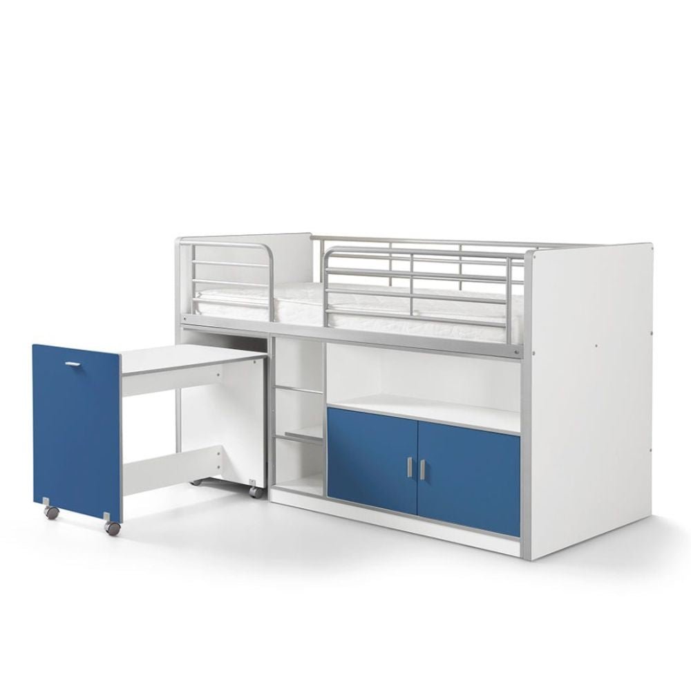 VIPACK - Lit Mi - Hauteur BONNY Avec Bureau & Rangement - Bleu 90 X 200 Cm
