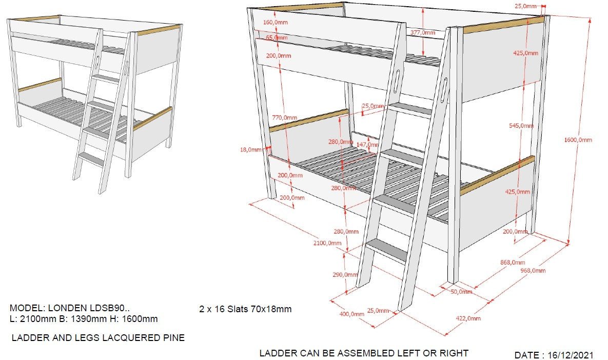 VIPACK - Lit Superposé 90 X 200 Cm LONDON - Blanc