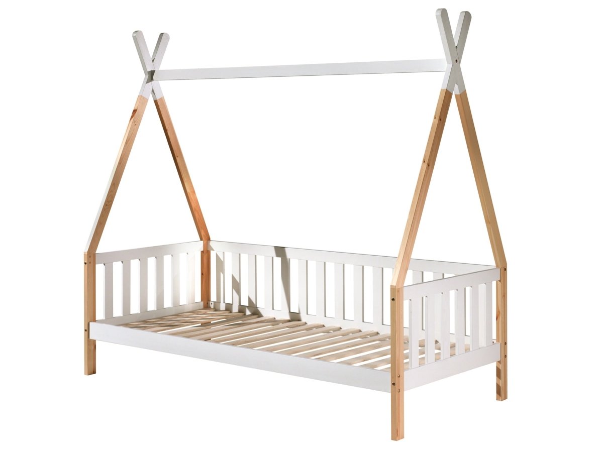 VIPACK - Lit Tipi Avec Barrière & Tiroir Gigogne Naturel 90x200cm